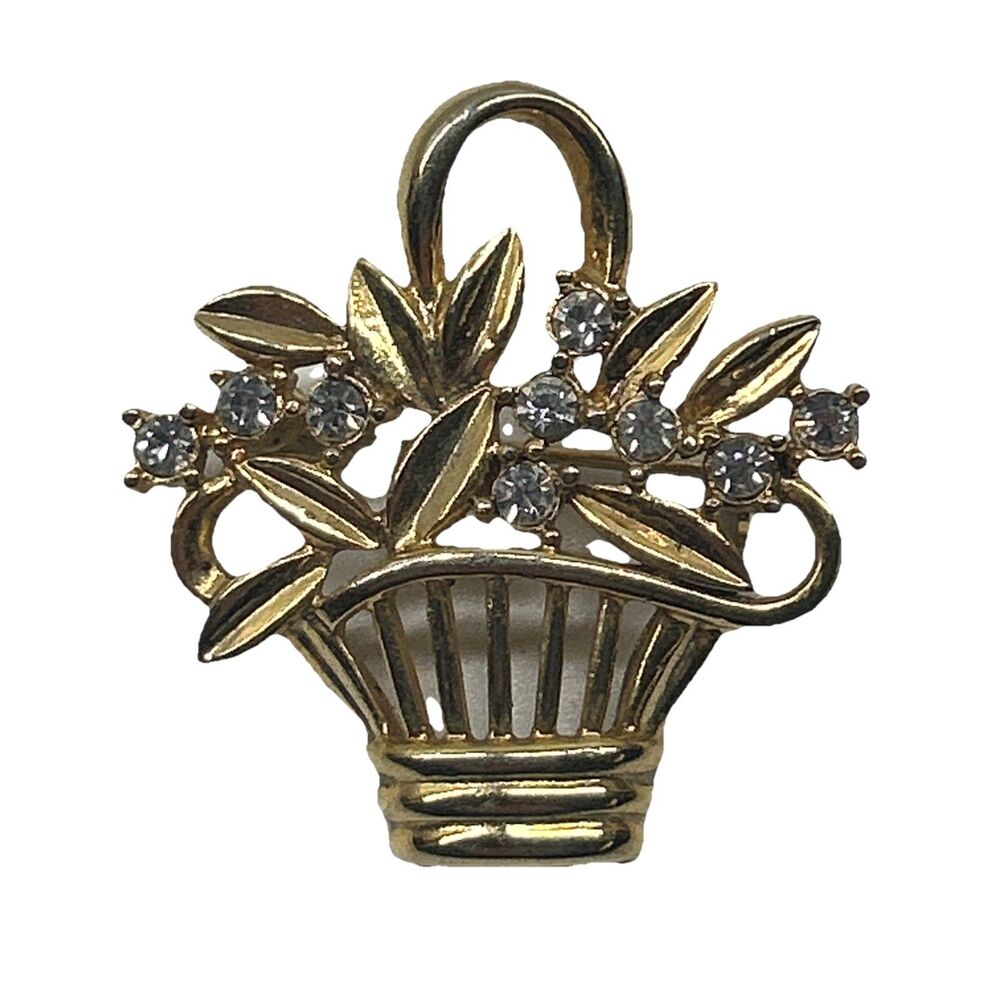 Vintage Gold Tone Flower Basket Brooch‎ With Rhinestones